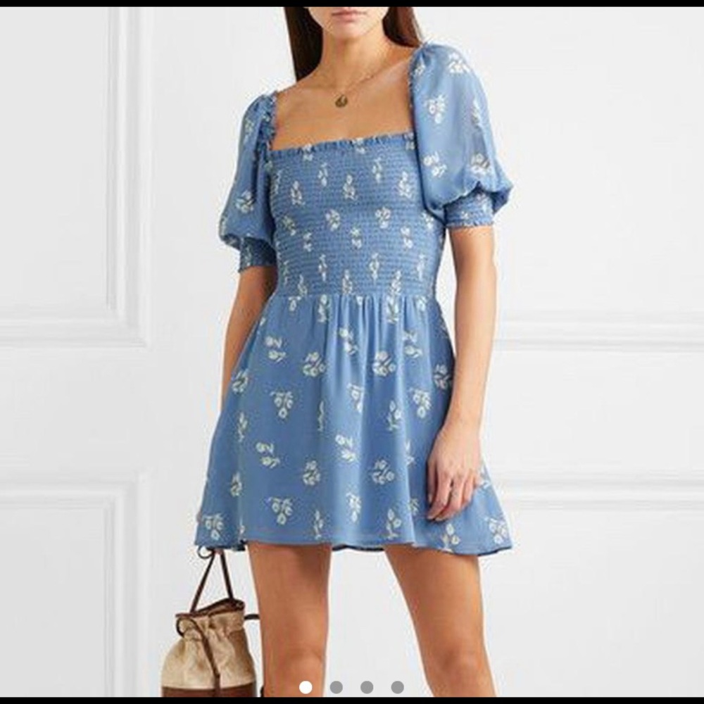REFORMATION DRESS in blue and white floral print Elle shirred floral print